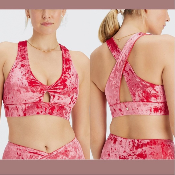 NWT $60 Fabletics [ Medium ] Crushed Velour Sports Bra in Strawberry‎ Red #U1168 - Picture 1 of 9